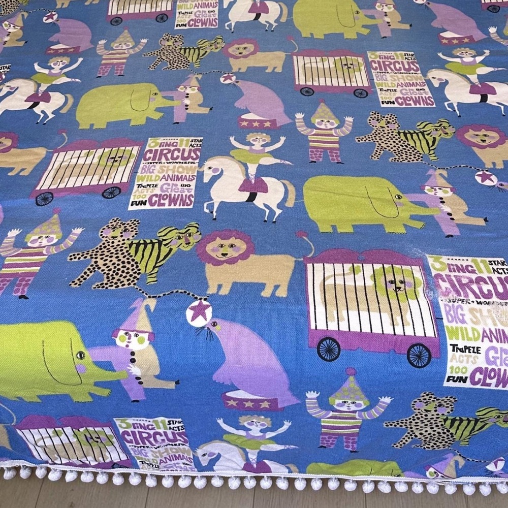 Vintage Fieldcrest Circus Bedspread Twin Blue Pom Pom Trim Animals Clowns USA